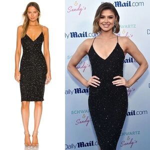 RETROFETE Hand Stitched Crystal & Sequin Sleeveless V-Neck Sheath Slip Dress XS